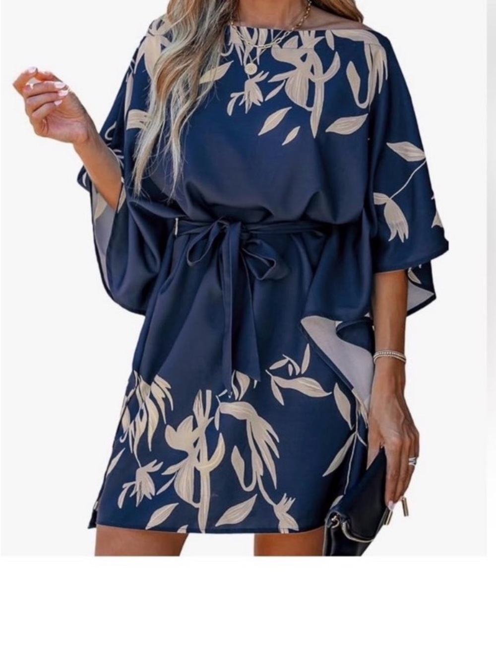 Navy Floral Belted Shift Dress